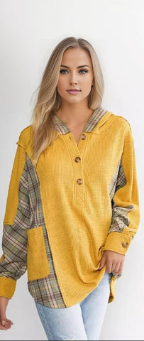 Waffle Knit Plaid Patchwork Pocketed Henley Hoodie