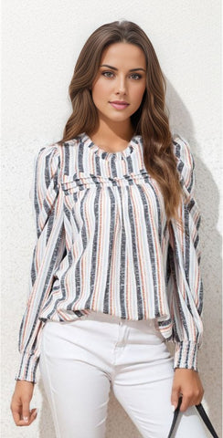 Striped Colorblock Puff Sleeve Frilled Neck Blouse