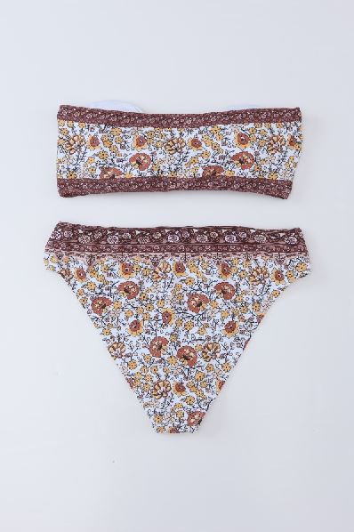 Ethnic Floret Print Bow Tie Bikini 2pcs Swimsuit