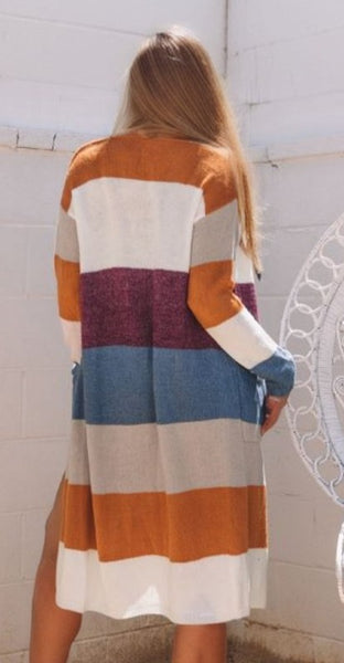 Colorblock Open Front Long Knit Cardigan
