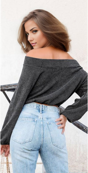 Ribbed Knit Off-Shoulder Balloon Sleeve Top