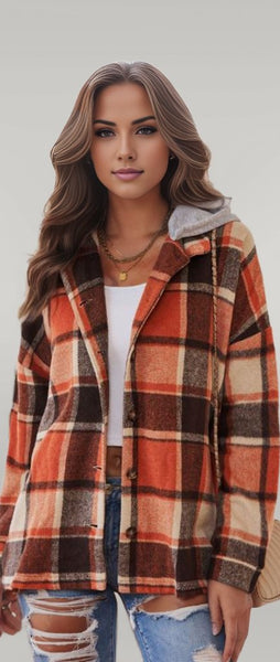 Hooded Plaid Button Front Shacket