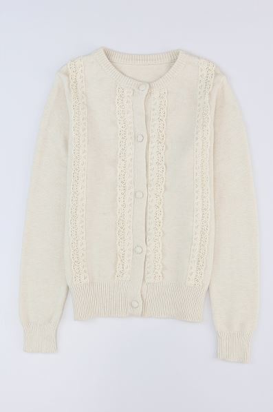 Lace Trim Ribbed Round Neck Button Up Cardigan