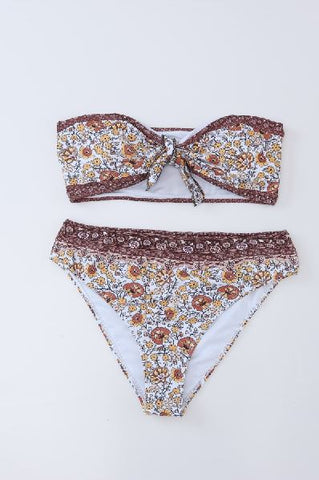 Ethnic Floret Print Bow Tie Bikini 2pcs Swimsuit