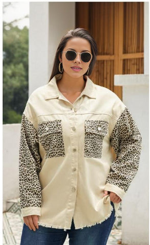 Leopard Sleeve Raw Hem Denim Jacket