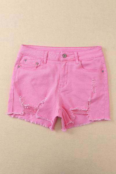 Solid Color Distressed Denim Shorts