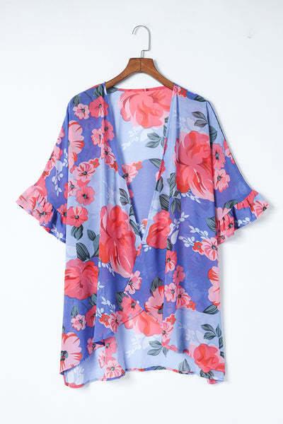 Floral Print Ruffled 3/4 Sleeve Loose Fit Kimono