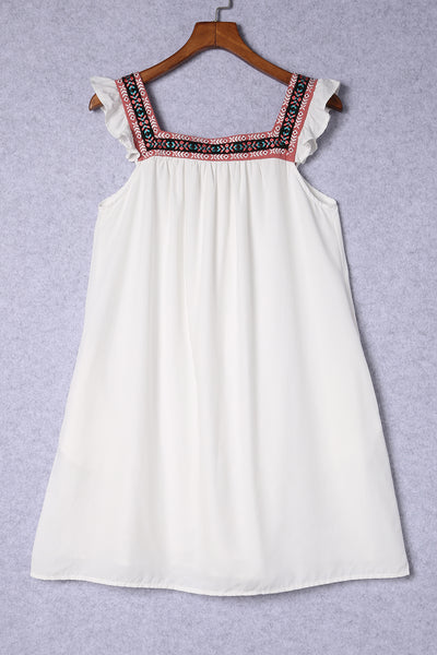 Frill Embroidered Square Neck Shift Dress