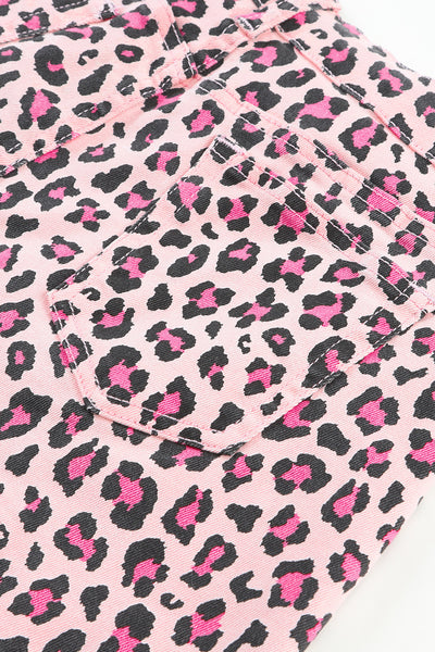 Leopard Print Raw Hem Denim Shorts