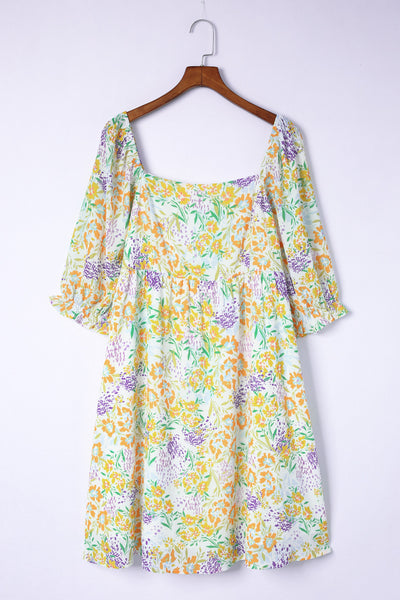 Floral Print Ruffle Bubble Sleeve Babydoll Dress