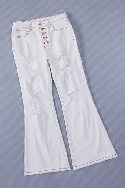 Distressed Slits Button Fly Flare Jeans