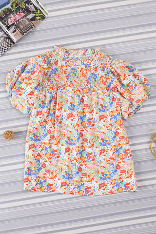 Abstract Print Smocked Puff Sleeves Blouse