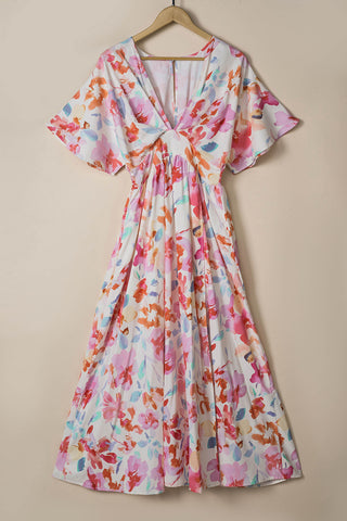 Tropical Floral Print Ruched V Neck Maxi Dress