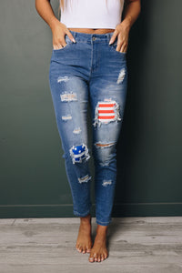Stripes and Stars Patches Ripped Jeans