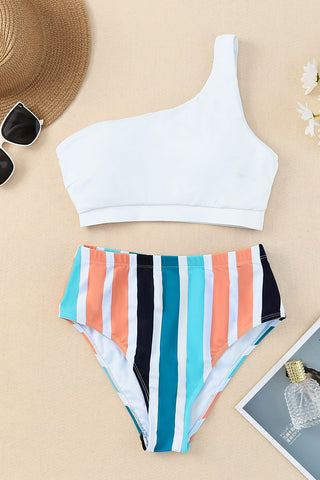 One Shoulder Striped High Waist Two Piece Swimsuit