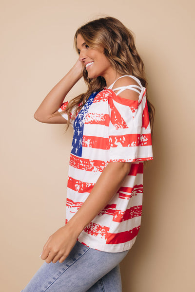 Sesaly American Flag Cold Shoulder Tee