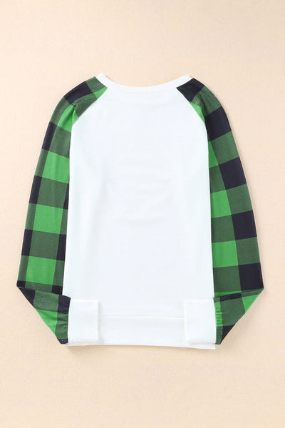 Plaid Clover Color Block Long Sleeve Sweatshirt