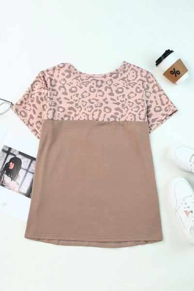 Leopard Yoke Color Block T Shirt