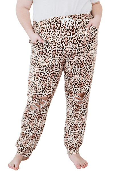 Plus Size Leopard Print Drawstring Mid Waist Pants