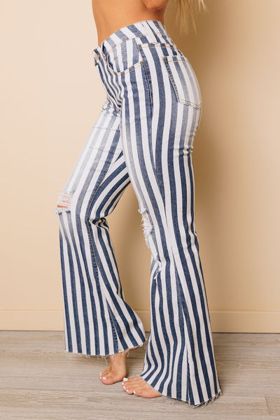 Lilly Striped Distressed Flare Jeans