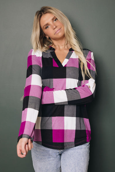 Duches Contrast Plaid Long Sleeve Top