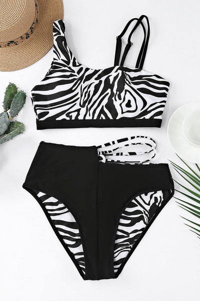 Asymmetric Strappy Zebra Print High Waist Bikini