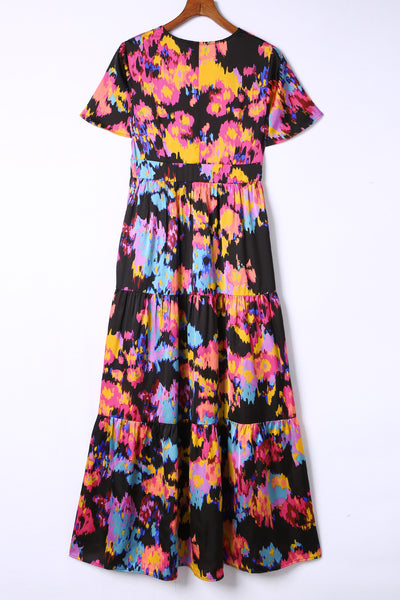 Floral Pattern Flutter Sleeve Tiered Maxi Dress
