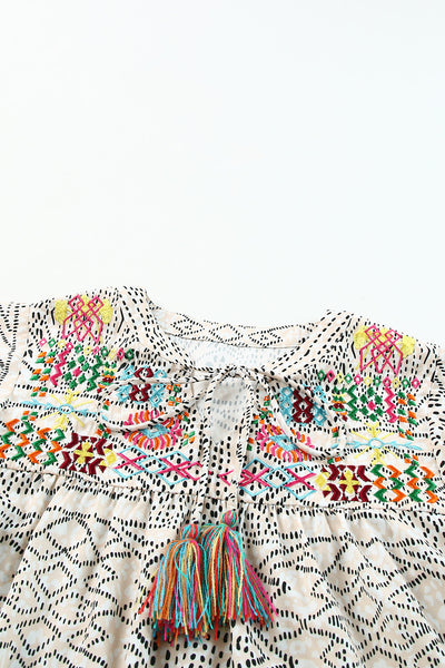 Embroidered Spotted Print Tassel V Neck Blouse