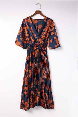V Neck Wrap Pleated Maxi Floral Dress with Tie