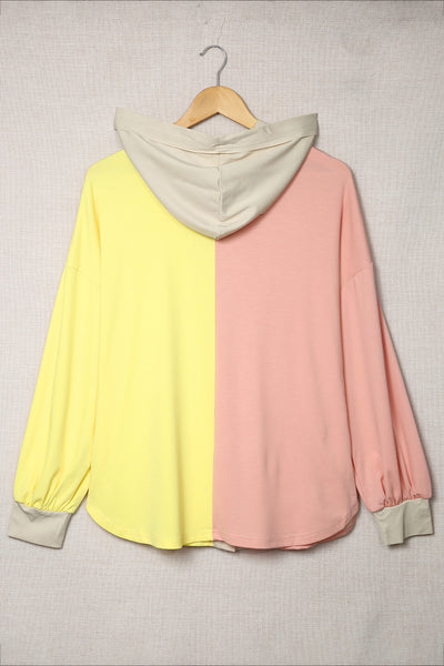 Color Block Pocketed Button Down Shirt Jacket with Hood