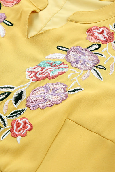 Split Neck Embroidered Floral Babydoll Swing Dress