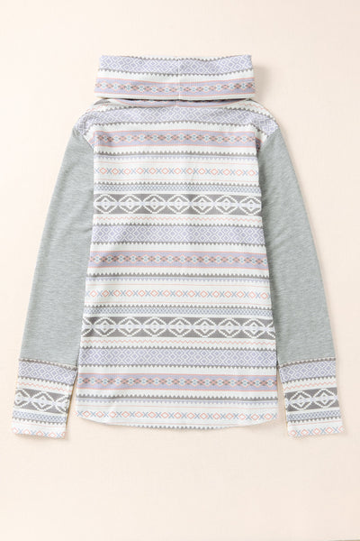 Aztec Print Waffle Knit Cowl Neck Sweatshirt