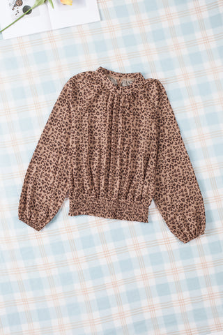 Leopard Bubble Sleeves Smocked Blouse