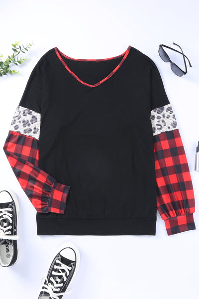 Sequined Leopard Insert Plaid Sleeve Plus Size Top