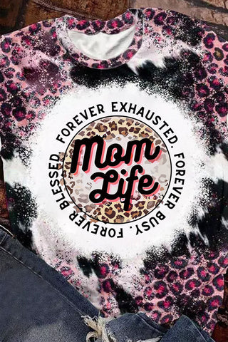 Mom Life Slogan Leopard Bleached Print Graphic Tee