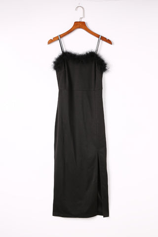 Feather Trim Bodycon Midi Dress with Slit