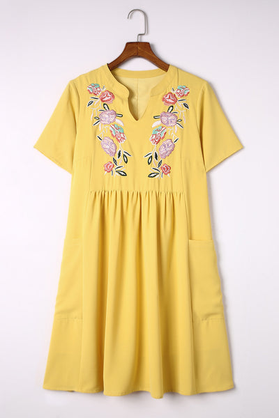 Split Neck Embroidered Floral Babydoll Swing Dress