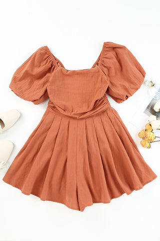 Square Neck Ruched Puff Sleeve Romper