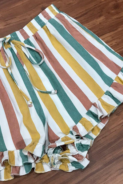 Striped Ruffle Hem Drawstring Shorts