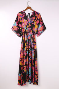 Abstract Print V Neck Dolman High Waist Maxi Dress