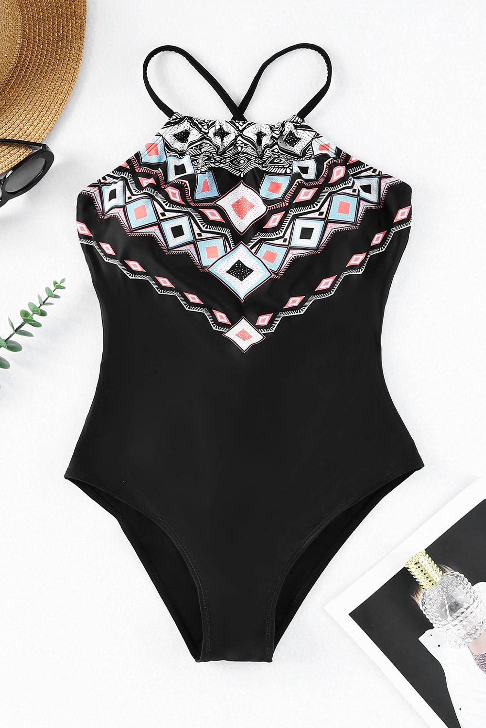 Ethnic Geometry Accent One Piece Swimsuit