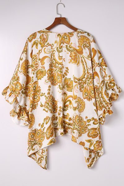 Paisley Print Open Front Overlay Top with Ruffles