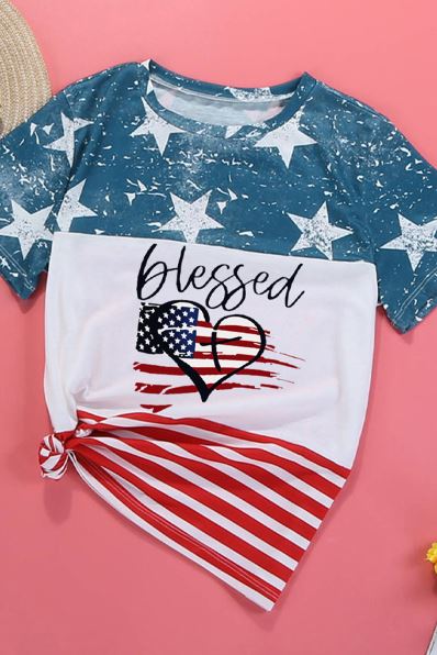 Blessed Heart Shape American Flag Color Block T Shirt