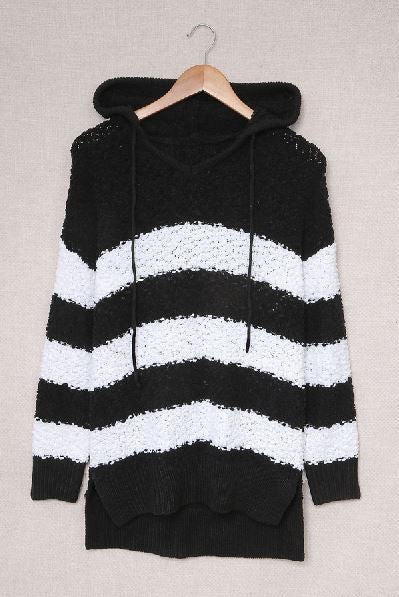Color Block Side Slit Knitted Hooded Sweater
