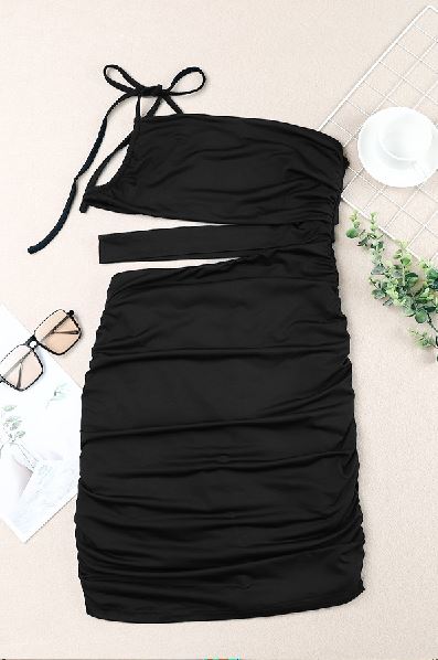 One Shoulder Hollow Out Bodycon Ruched Package Hip Mini Dress