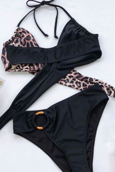 Leopard Colorblock Adjustable Spaghetti Bikini
