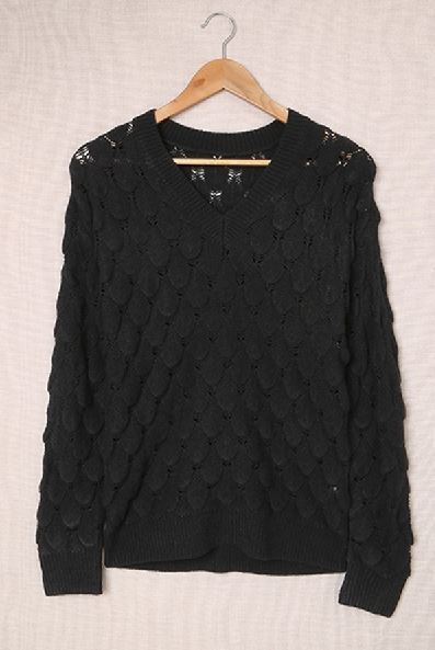 Feather Hollowed-out V-neck Long Sleeve Knitted Sweater