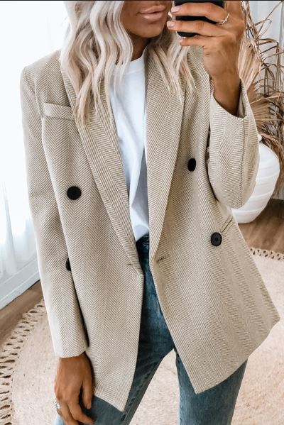 Ribbed Double Breasted Lapel Collar Blazer