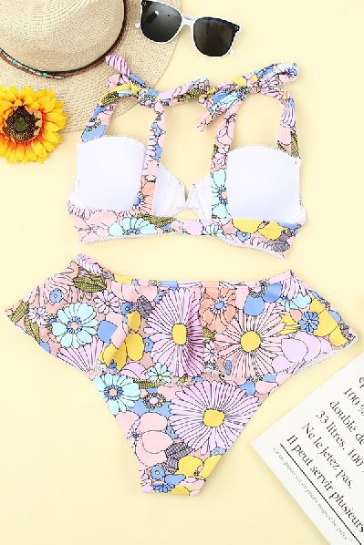 Floral Print Lace-up Ruffled Bikini Swimsuit