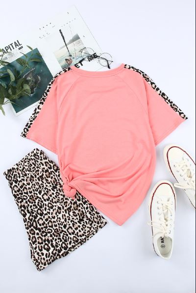 Colorblock Leopard Short Sleeve and Shorts Loungewear